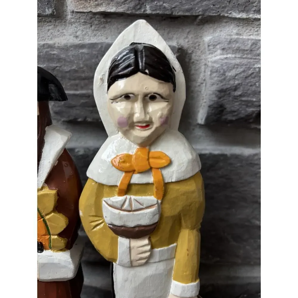 Vintage Hand Painted Wood Carved Harvest Pilgrims Man Woman Cottagecore Prairie